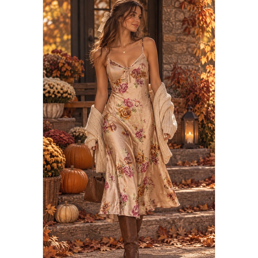 Y2K Floral Satin Slip Dress M Fall Cottagecore Romantic Fairy Grunge Maxi